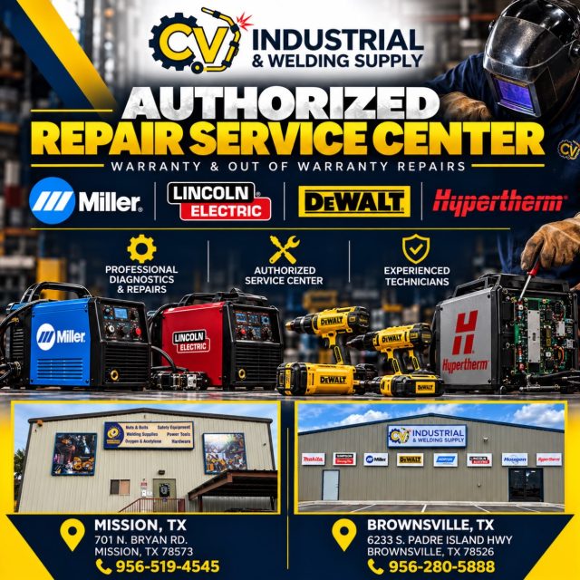 Keep Your Equipment Running!
At CV Industrial & Welding Supply, we service and repair your equipment, whether it’s under warranty or out of warranty!
✅ Miller | Lincoln Electric | DEWALT | Hypertherm
✅ Professional Diagnostics & Repairs
✅ Experienced Technicians
📍 Mission & Brownsville, TX
We keep your equipment running and your business moving!