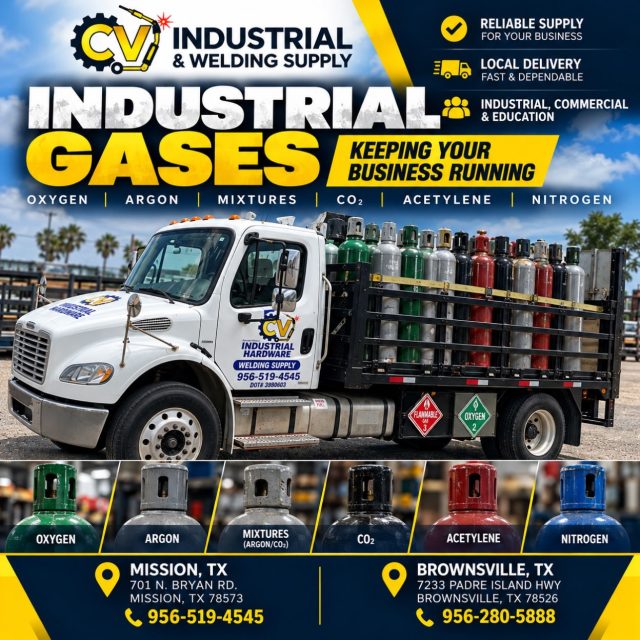 🚛 Keeping the Rio Grande Valley running!
From oxygen and argon to welding gases and more, CV Industrial is ready to deliver the gases your business needs.
Reliable supply. Local service. Two convenient locations.
📍 Mission & Brownsville, TX